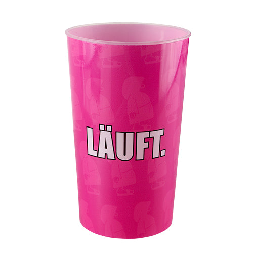 Pinker Mehrwegbecher mit dem Text "Läuft"