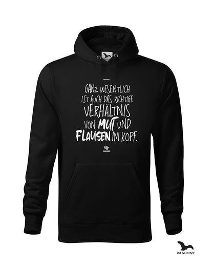Schwarzer #heinzigartig Hoodie mit Spruchaufdruck: "Ganz wesentlich ist auch das richtige Verhältnis von Mut und Flausen im Kopf"