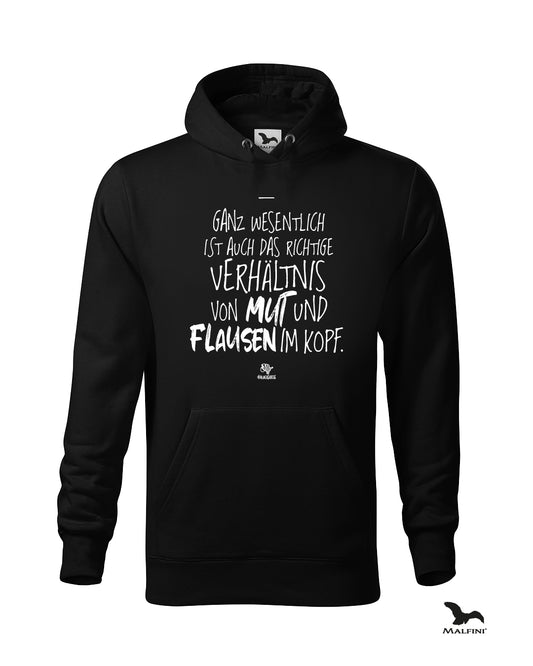 Schwarzer #heinzigartig Hoodie mit Spruchaufdruck: "Ganz wesentlich ist auch das richtige Verhältnis von Mut und Flausen im Kopf"