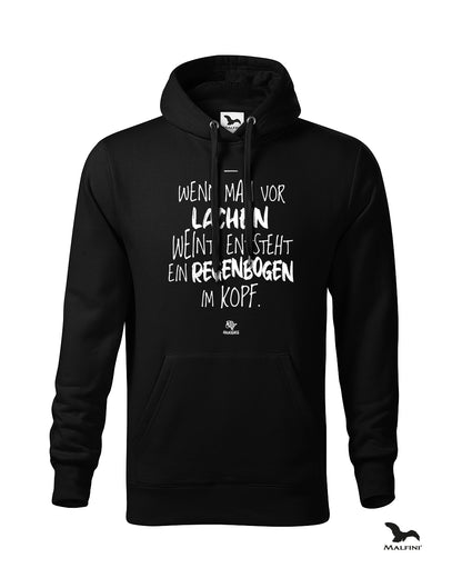 Schwarzer #heinzigartig Hoodie mit Spruchaufdruck: "Wenn man vor Lachen weint, entsteht ein Regenbogen im Kopf."