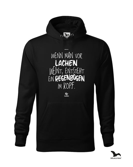 Schwarzer #heinzigartig Hoodie mit Spruchaufdruck: "Wenn man vor Lachen weint, entsteht ein Regenbogen im Kopf."