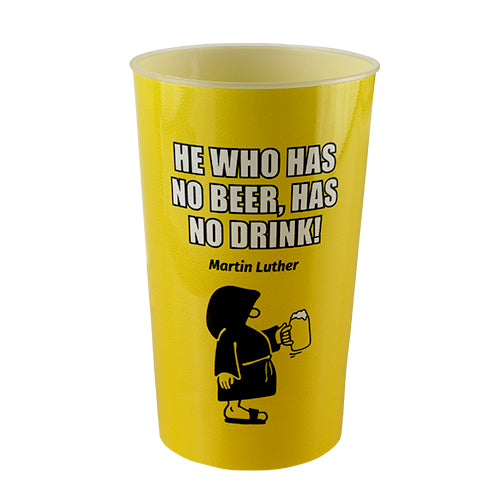 Gelber Mehrwegbecher mit Mönch und dem Text "He who has no beer, has no drink"