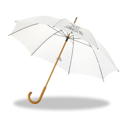 Weißer #heinzigartig Regenschirm mit dem Text "Wenn es regnet, sind alle Schaukeln frei"
